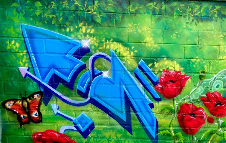 Farbenfrohes Graffiti mit Initialien auf einer Gartenwand in Sankt Augustin, kombiniert mit Pflanzen, Blättern und einem Pfeil
