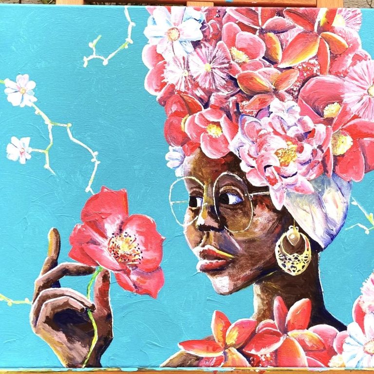 Acrylgemälde einer Frau mit pinken Blüten im Haar