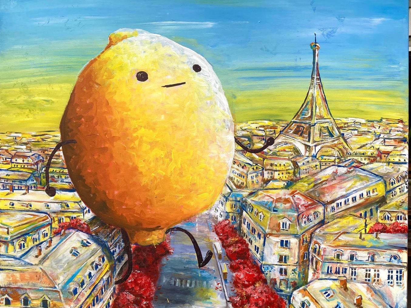 Surreales Acrylgemälde einer übergroßen gelben Zitrone mit Gesicht, die durch ein farbenfrohes Pari läuft.