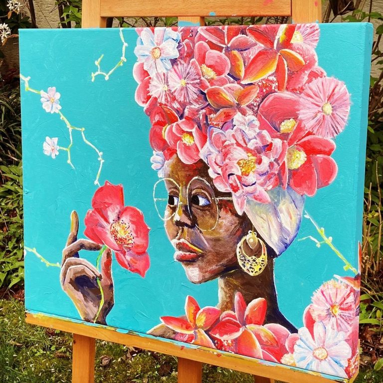 Acrylgemälde einer Frau mit pinken Blüten im Haar
