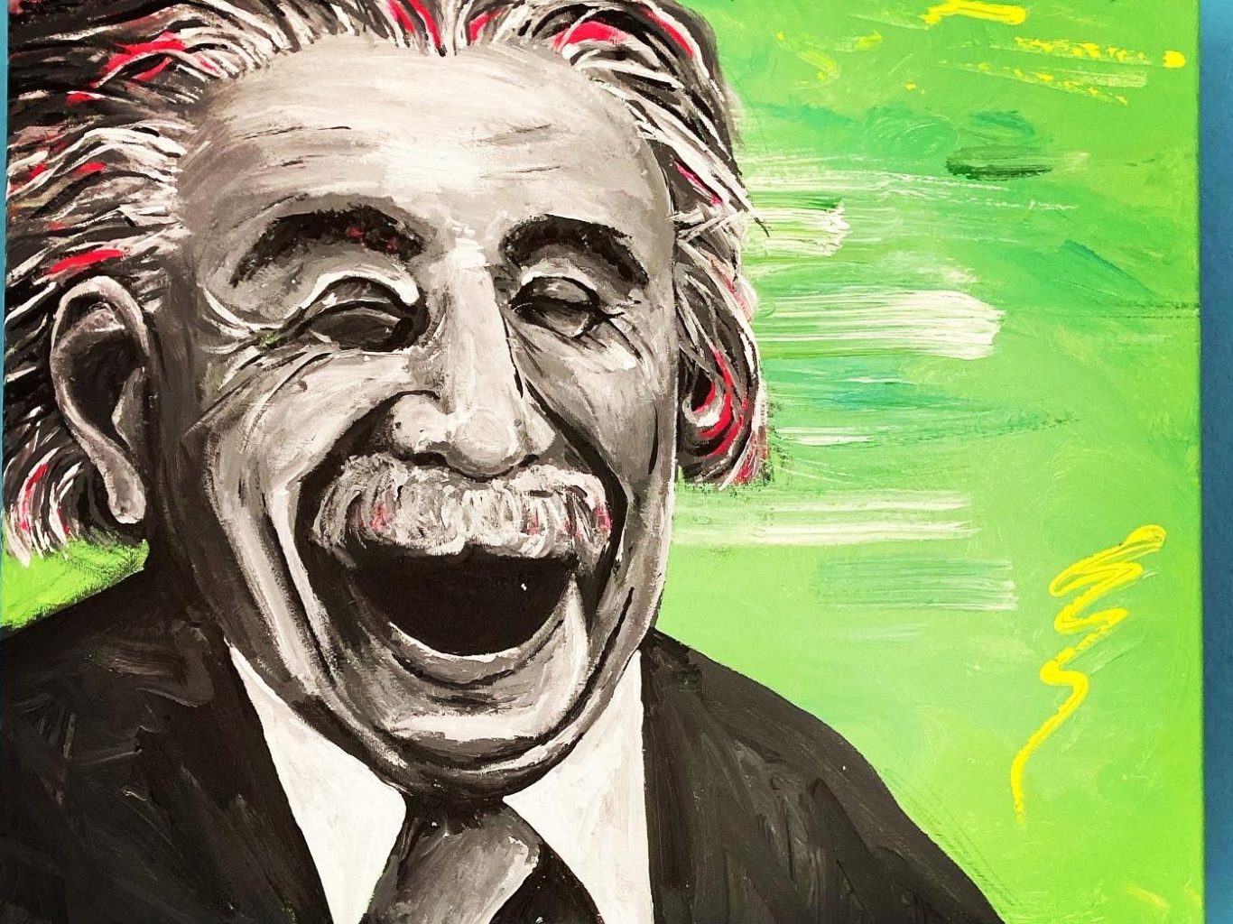 Ausdrucksstarkes Acrylportrait von Albert Einstein mit offenem, lachendem Gesichtsausdruck vor grünem Hintergrund