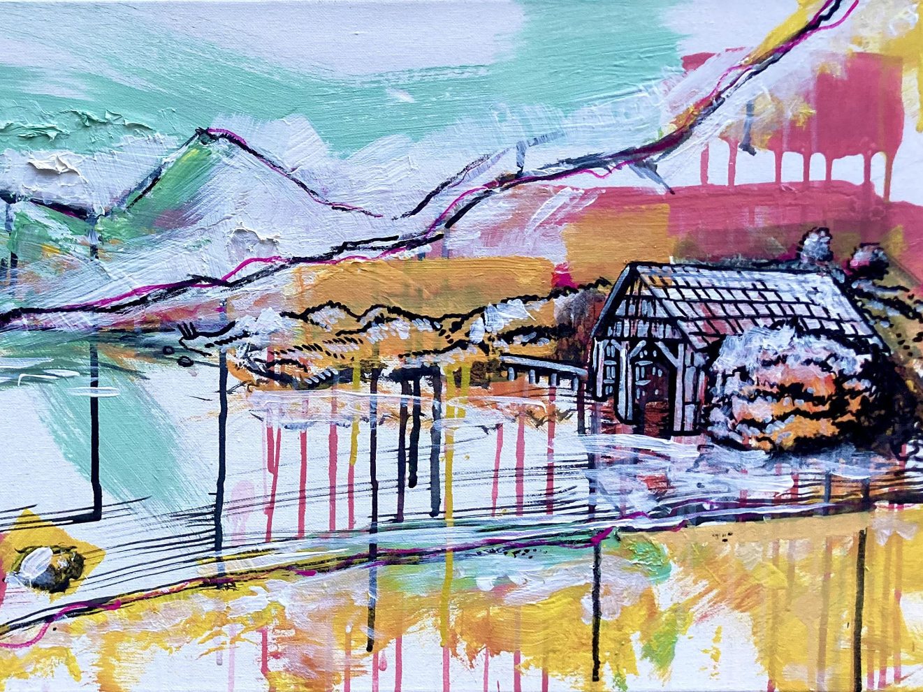 Acrylgemälde "When Life give you Lemons" Surreales Acrylgemälde einer übergroßen gelben Zitrone mit Gesicht, die durch ein farbenfrohes Pari läuft.