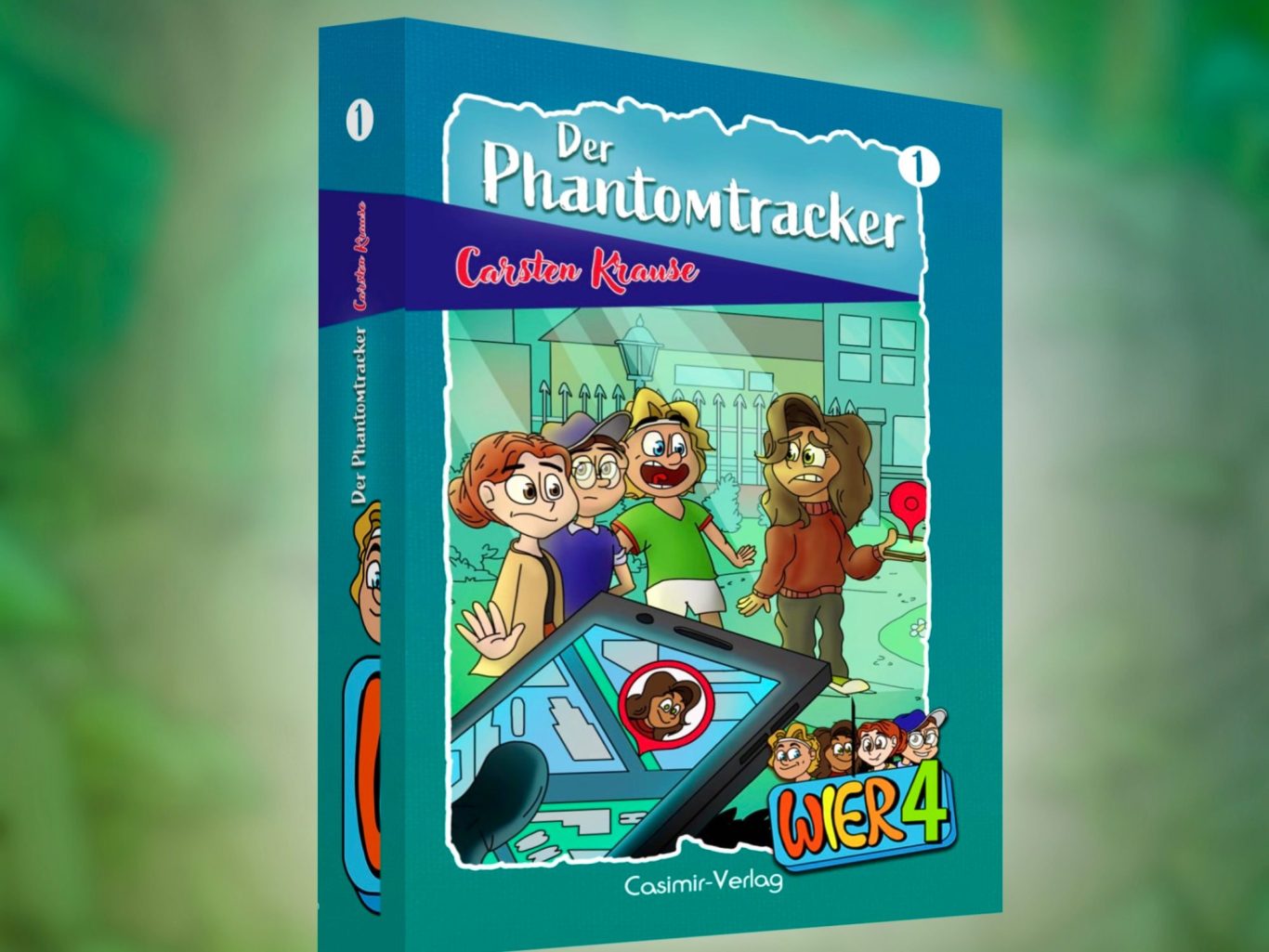 Digitale Buchcover Illustration der Kinderbuchreihe WIER4 mit vier Jugendlichen, die beobachtet werden