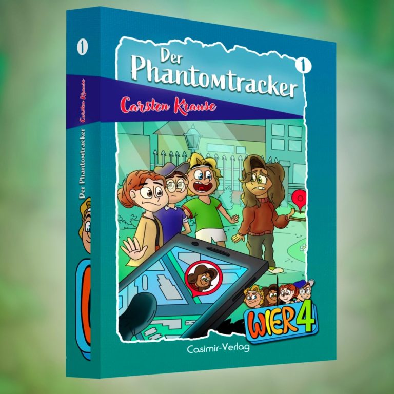 Digitale Coverillustration des Buches "WIER4 - Der Phantomtracker" mit vier Kindern, die beobachtet werden
