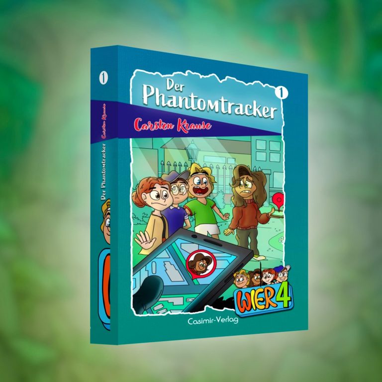 Digitale Coverillustration des Buches "WIER4 - Der Phantomtracker" mit vier Kindern, die beobachtet werden
