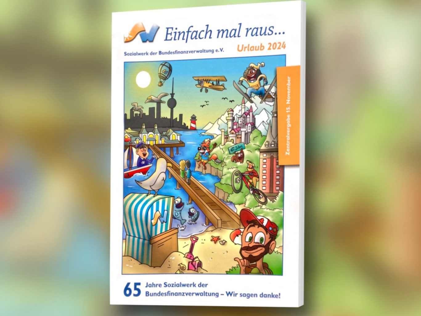 Digitale Titelillustration der BMF-Sozialwerksbroschüre ‚Einfach mal raus… Urlaub 2024‘ mit Strandmotiven, Städten und Natur