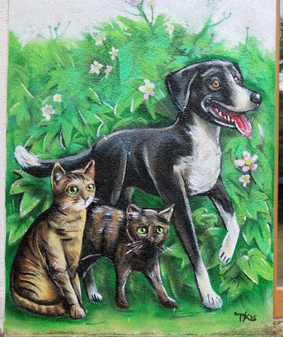 
Graffiti Haustiere an einer Außenwand in Altfrauenhofen: ein schwarzer Hund und zwei Katzen am Eingangsbereich
