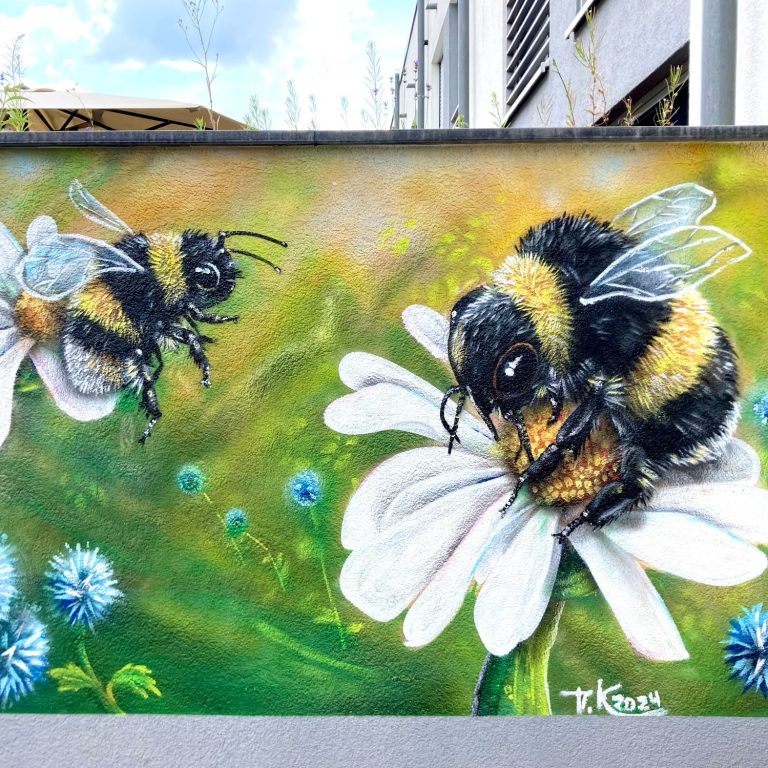 Graffiti-Wandbild einer realistischen Biene auf einer weißen Blüte
